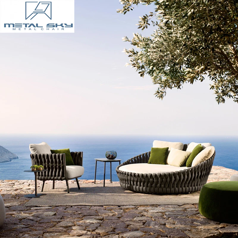Outdoor High and woven Metal Rope Wicker Fabric Rattan Sun lounger Garden Patio Gazebos Villa Courtyard Set Furniture