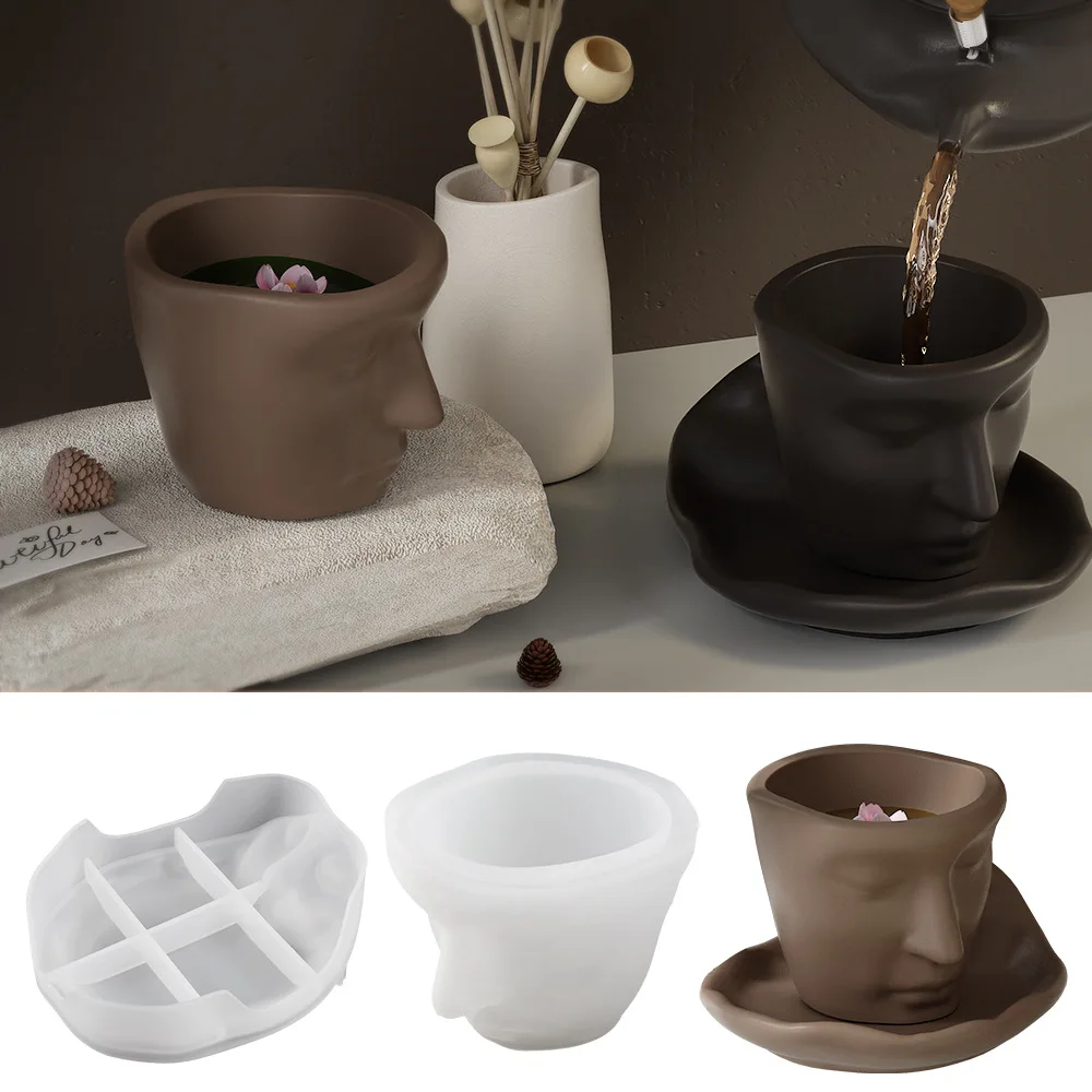 BSP70 3D face sculpture abstract art Thinker Plaster Clay Face silicone coffee cup and saucer set silicone molds