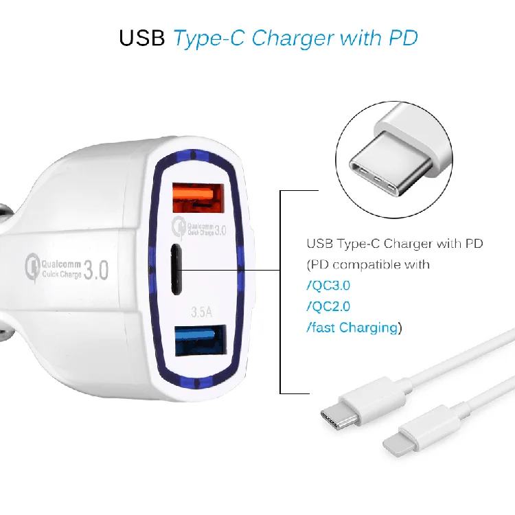 
Top Product 2020 QC 3.0 Fast Charging Car Charger Type C 
