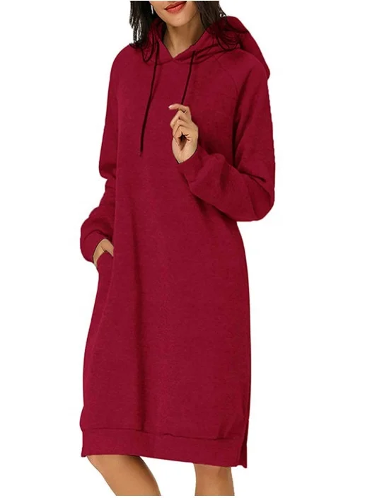 Wholesale Long Sleeve Hooded Pocket Tunic Dress Pullover Hoodie Dress Winter Sweatshirt Women Long Sleeve Solid Color Maxi Dress