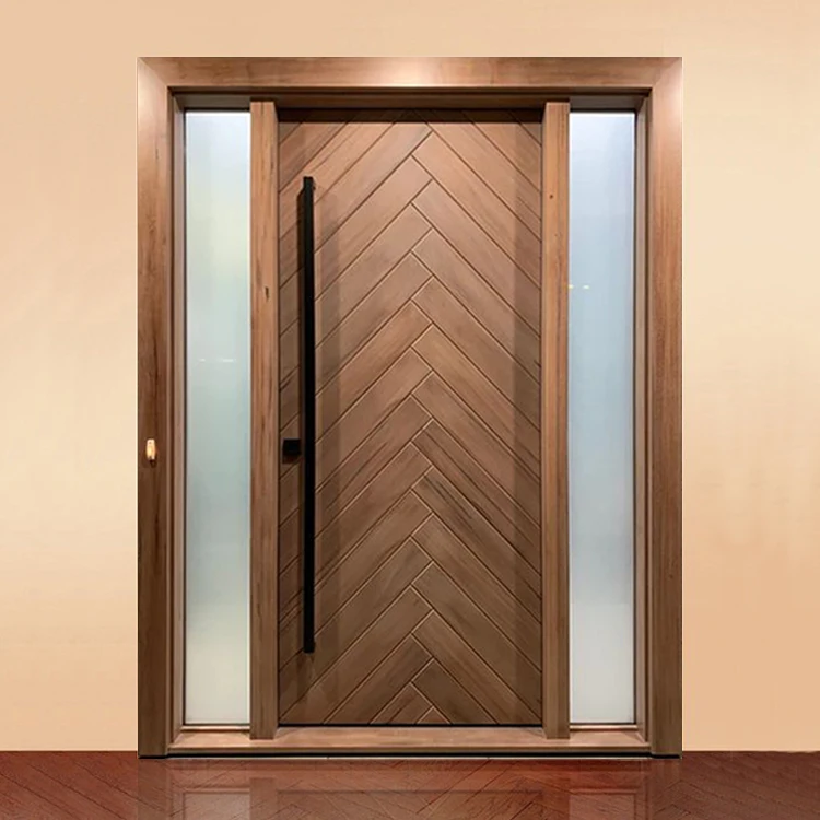 Foshan factory price modern front entry veneer wood glass single doors design exterior main entrance flush plywood wooden door