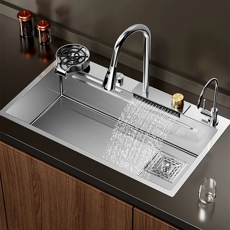 New Silver 304 Stainless Steel High Quality Functional Luxury Handmade Waterfall Faucet Multifunction Single Bowl Kitchen Sink