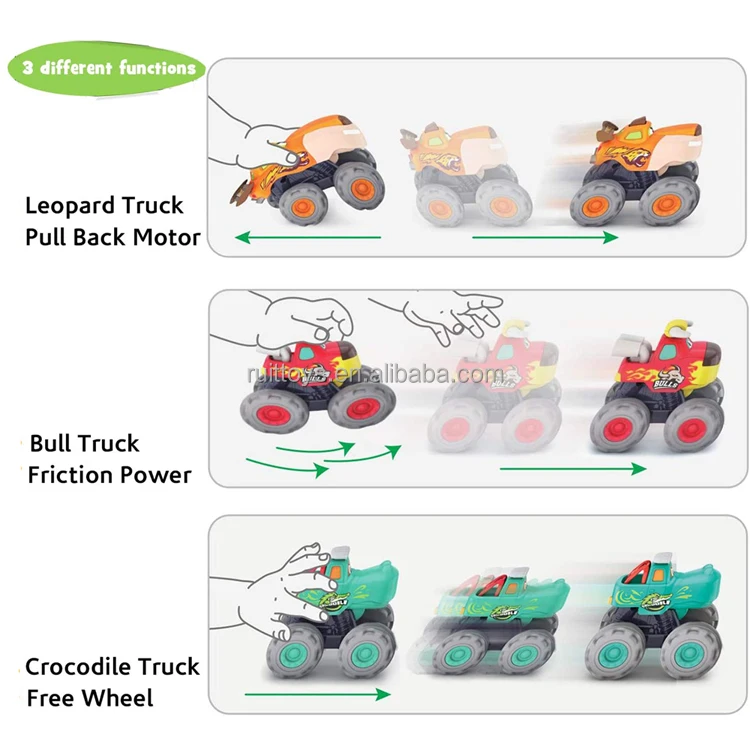 3 Pack Friction Powered Bull Leopard Crocodile Trucks Push and Go Car Toys for Toddler Boys Baby Gift