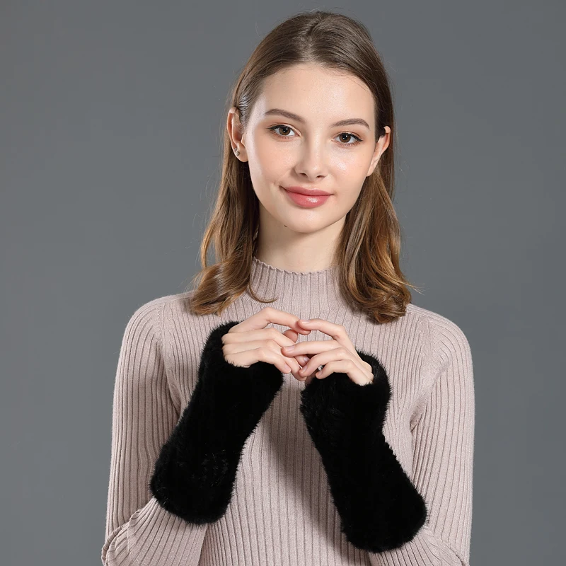 CX-A-08F черный цвет ручной вязки теплые зимние перчатки из натурального меха норки