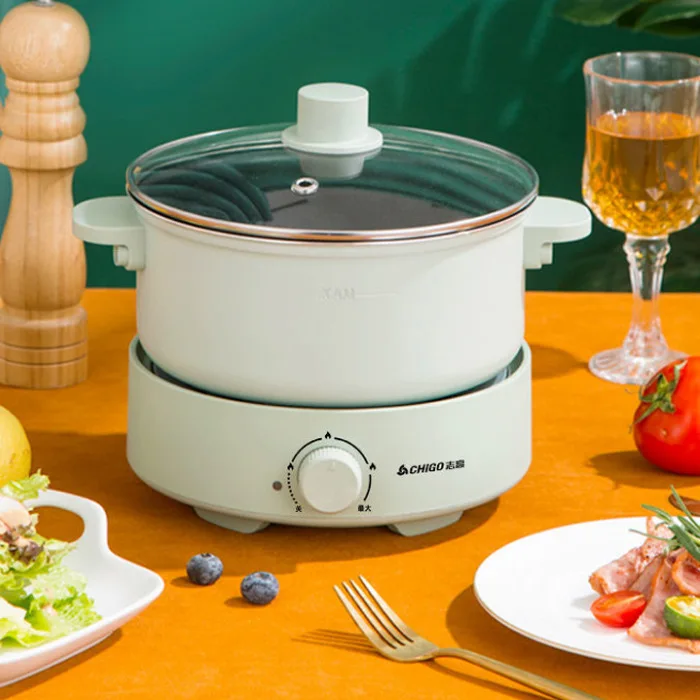 Green Office Outdoor Multi-function Noodles Electric Skillet Cooking Mini Hot Pot With Glass Cover With Steamed