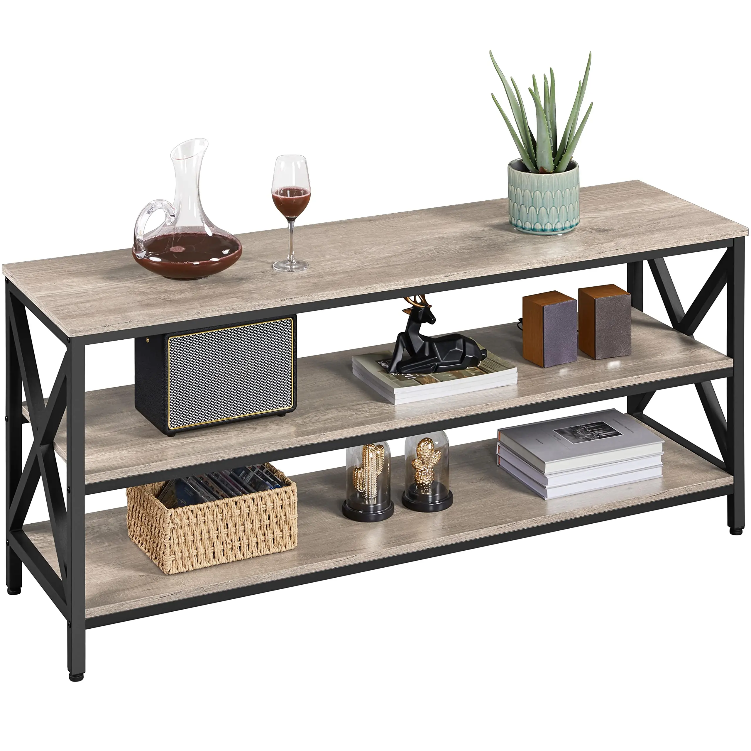 TV Cabinet with 3 Tier Storage Shelves for Living Room Entertainment Center TV Console Table with Metal Frame