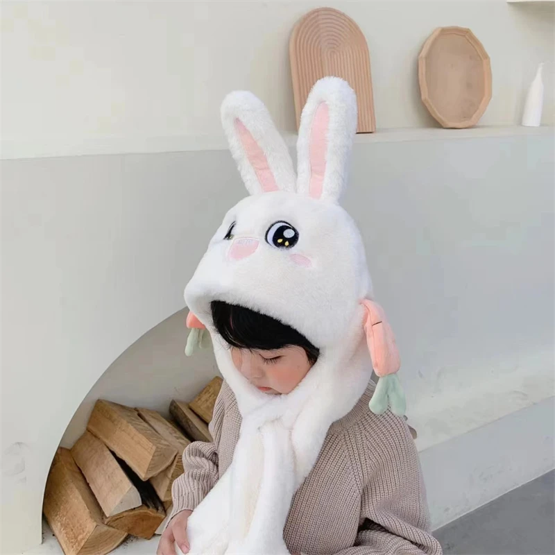 New Style Popular Lovely Ear Moving Long Ear Rabbit Bunny Hat Plush Animal Head Hat With Paws Gift for Girls Holiday