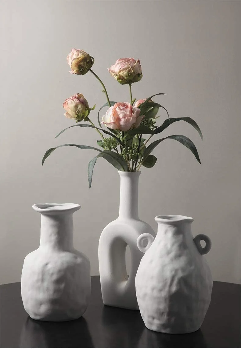 Small Ceramic Vase Modern Geometric Pattern Decorative Stoneware Vase Matte White for Tabletop