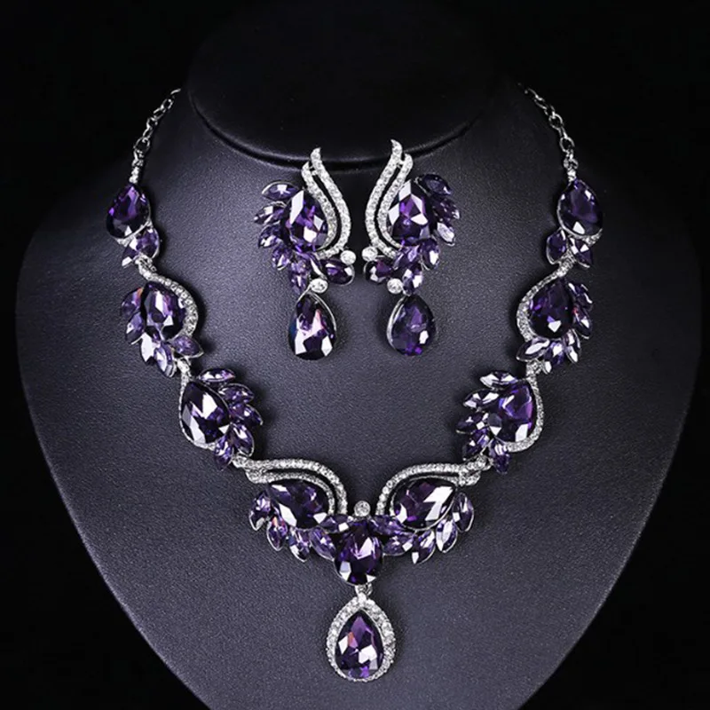 XL008A High quality Luxury Teardrop jewelry set Women crystal necklace earrings set for wedding