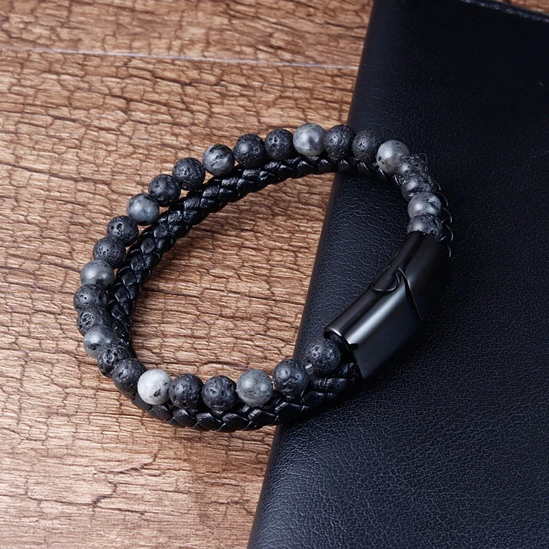 fashion stainless steel bangle bracelets hot jewelry trends magnetic leather treaty men sporty stone bead bracelet