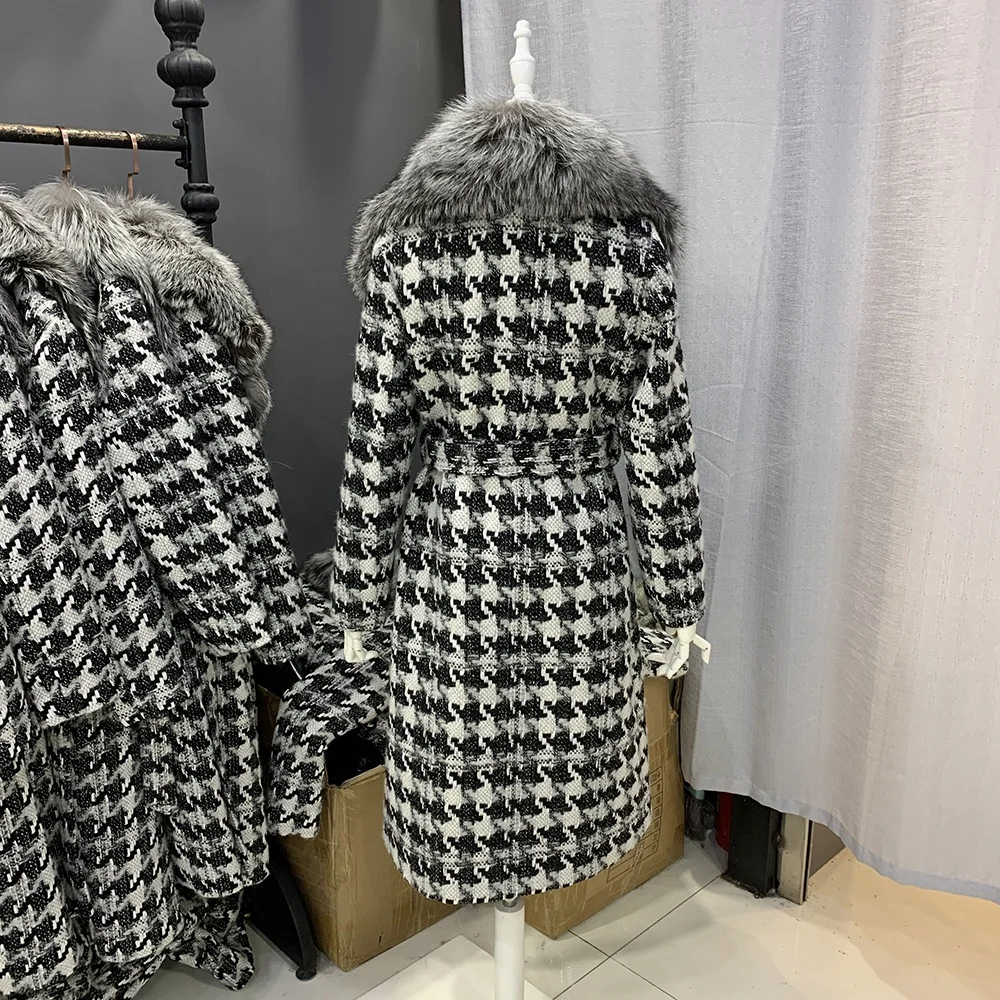 High Level Real Fluffy Fur Trench Coat Long Cashmere Wool Coat Women With Belt