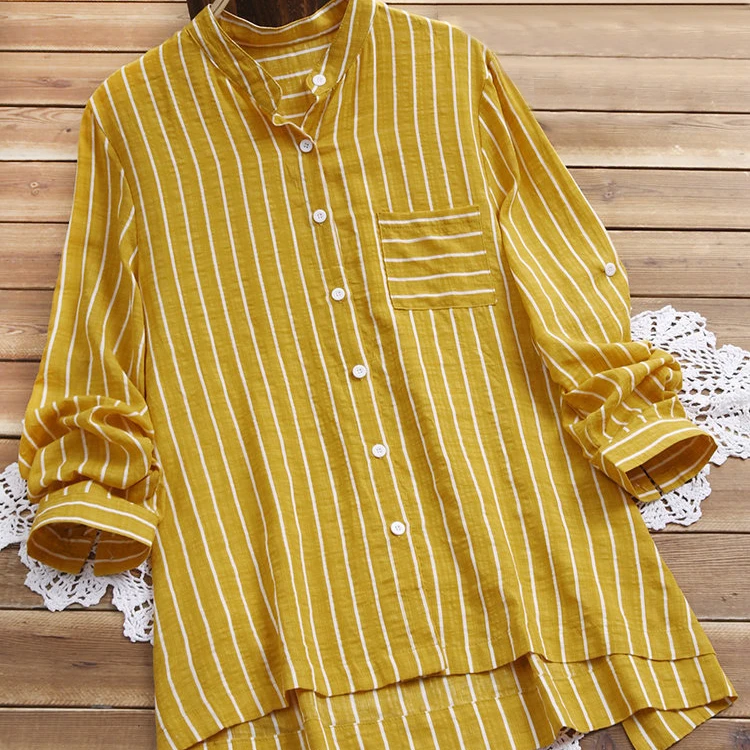 Kemeja Lengan Panjang Wanita Stitched Cotton Blouses  Long Sleeve Lapel Vertical Striped  Blouse