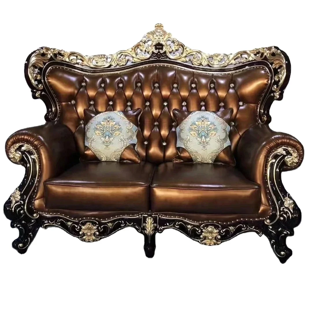 Handmade Luxury Classic French Rococo Dark Brown Silver Leather Carved Wood Sofa Couch Set Living Room European Style Furniture