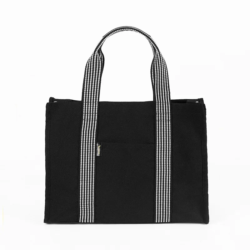 Large Capacity Square Canvas Tote Bag for Women Customizable with Striped Handle and Letter Pattern for Travel and Shopping