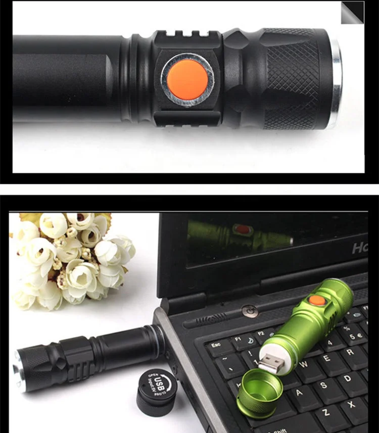 Super Bright XML T6 LED hlm Portable aluminum alloy Zoomable 3 Modes 18650 Powered USB Rechargeable Mini High Lumen Flashlight