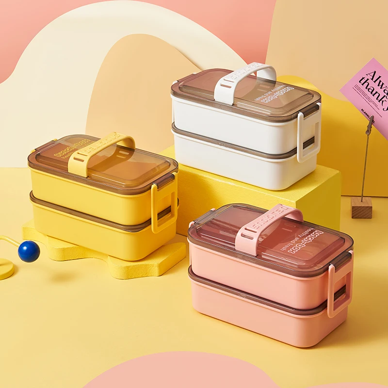 BPA Free 2 layer Tiffin Box Microwave Safe Reusable Plastic Bento Lunch Boxes Cutlery Fast Food Food Preservation
