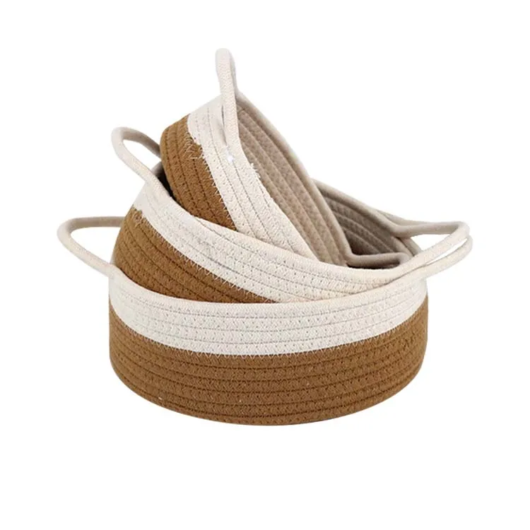3-Piece Round Small Basket Set- Cotton Rope Woven Baskets for Organizing Storage Basket for Toys, Desk, Key Tray for Entryway