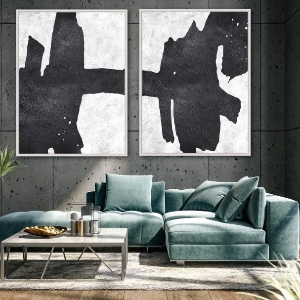 Contemporary Set Two Panels Of Black White Abstract Wall Art Modern Canvas Oil Paintings Art Luxury Home Decor