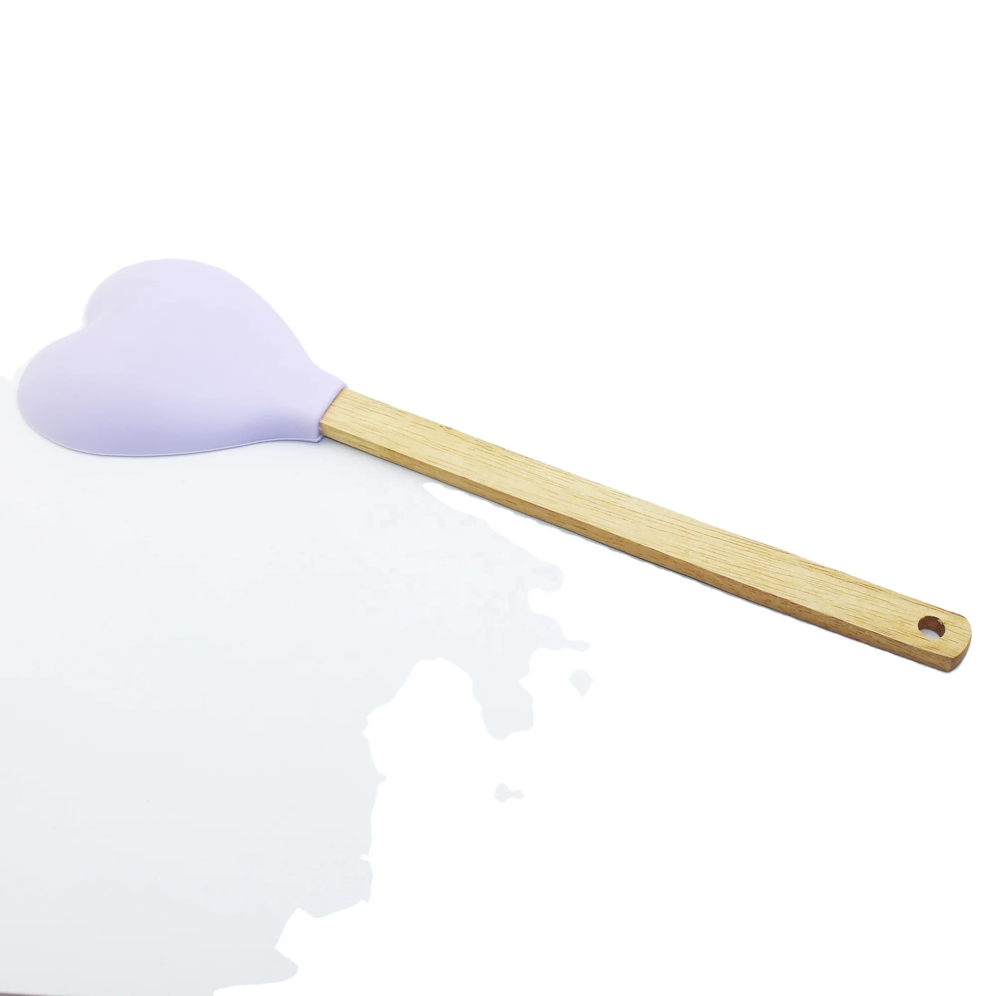 Best selling purple heart shaped non slip bamboo handle hanging kitchen silicone spoon
