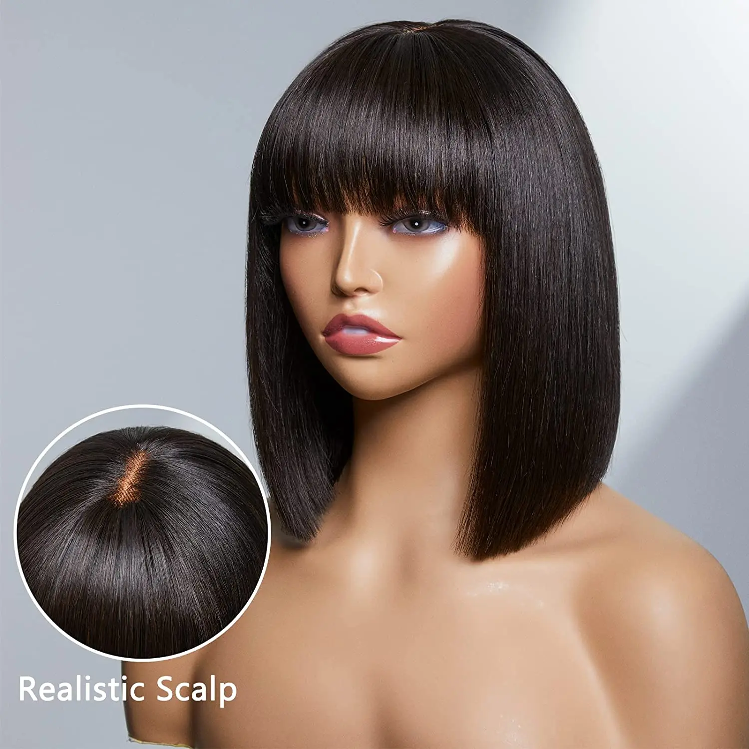 G&T 100% Human Hair Straight Bob Wig With Bangs Glueless Minimalist 2x1 Lace Scalp Bob Bang Wig For Women 180 Density