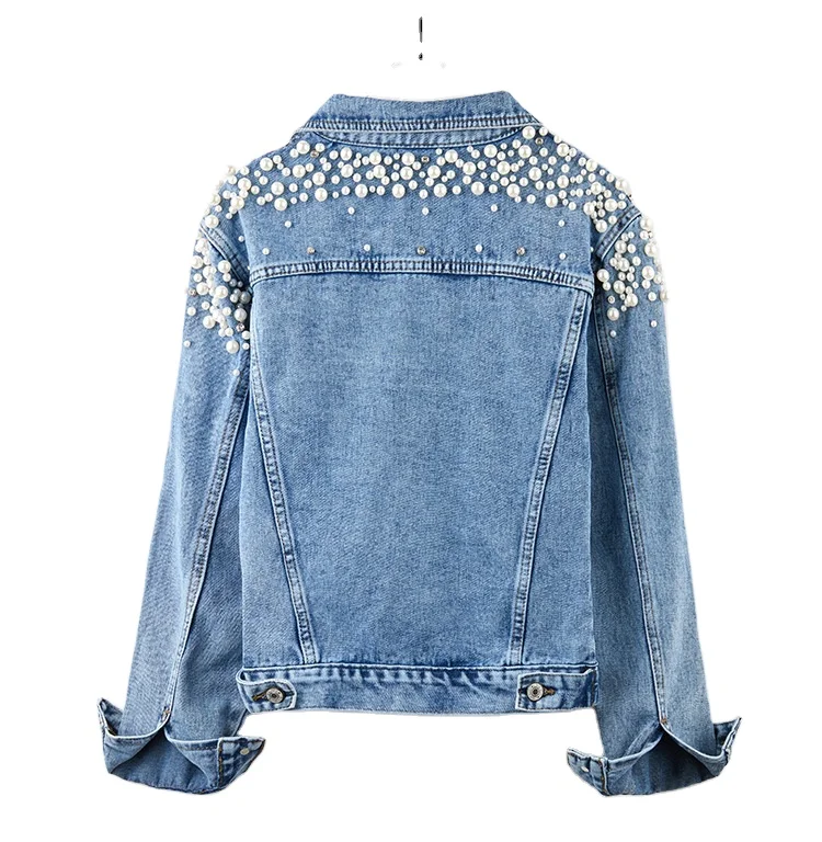 Turndown Neck Batwing Sleeve Beaded Jeans Jacket Women Beading Short Jean Jackets For Ladies