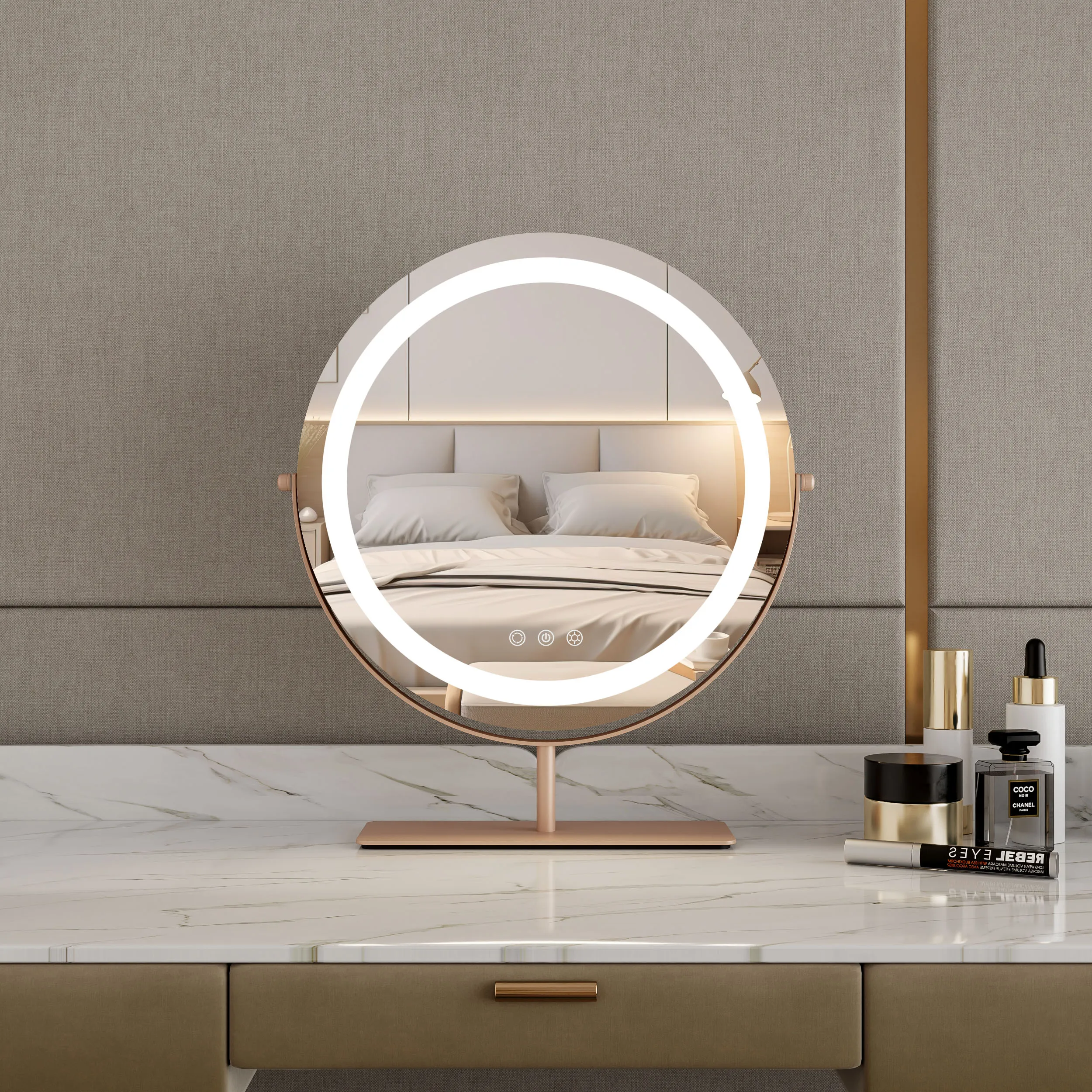 Wholesale Portable Illuminated Rose Gold Smart Touch Lighted Round Cosmetic Table Make Up Makeup Vanity Mirror With Led Lights