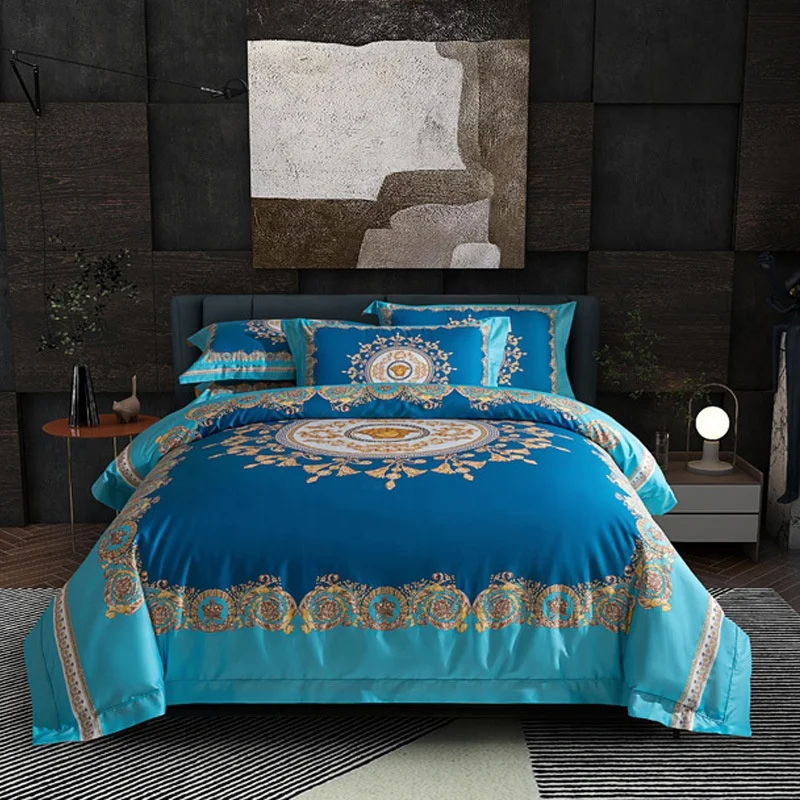 Luxury 100S Cotton Bedding Set baroque Style-E Digital Printing Duvet Cover with Zipper Closure Bed Sheet Pillowcases Set
