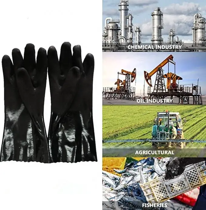 Coating Reusable Heavy Duty Work Gloves Oil Resistant Non Slip Safety Work Gloves Chemical Resistant PVC BLACK Polyester 44.5cm