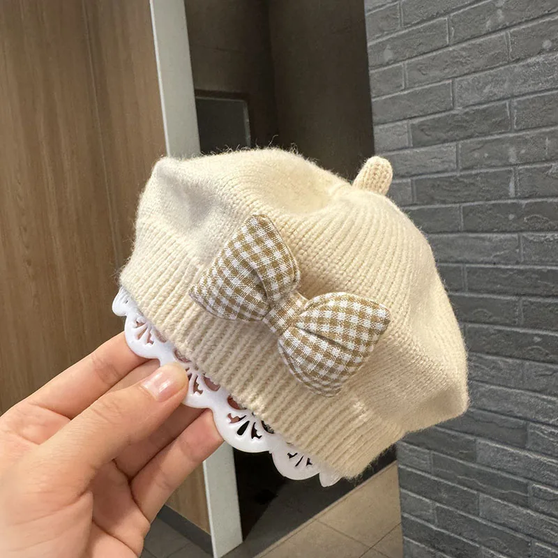 Autumn Winter Korean Fashion Berets Hat for Kids Solid Warm Knitted Baby Girls Caps with Bowknot Design Wholesale