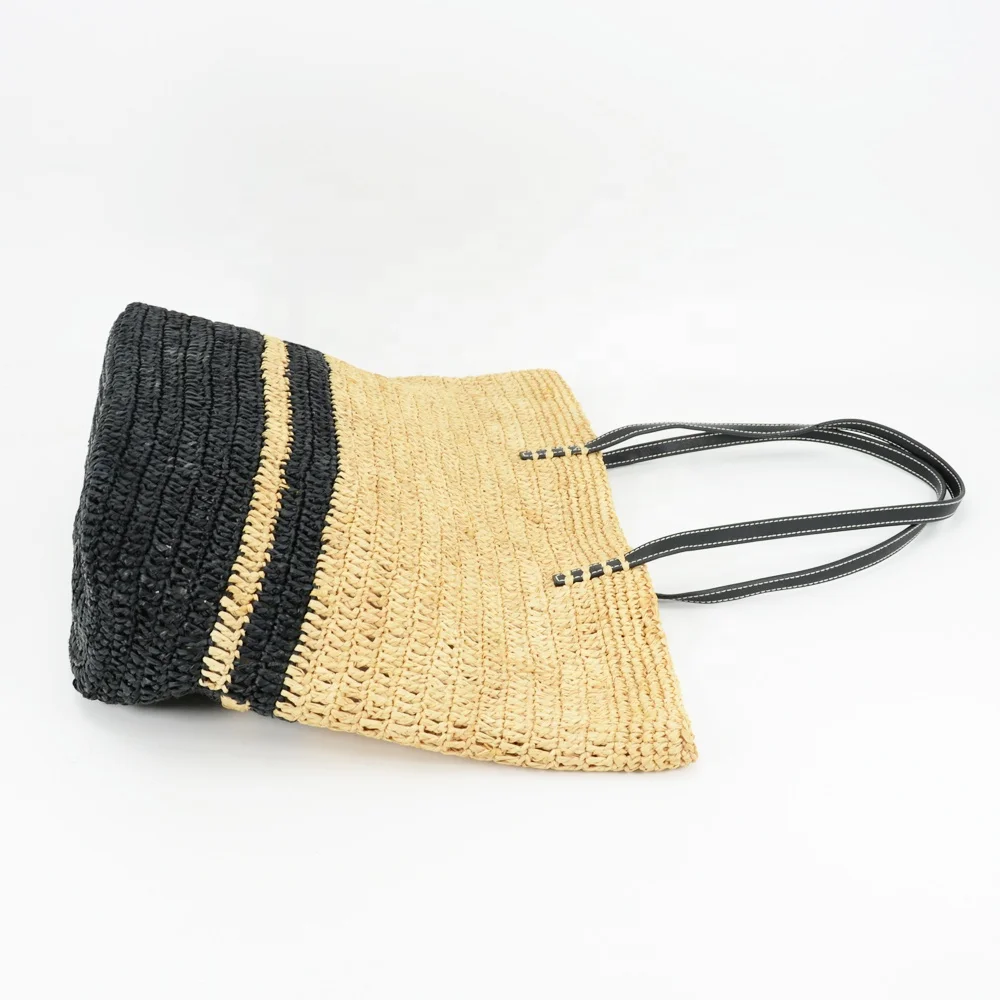 Straw Raffia Beach Tote Bag with black leather handles raffia straw from Madagascar