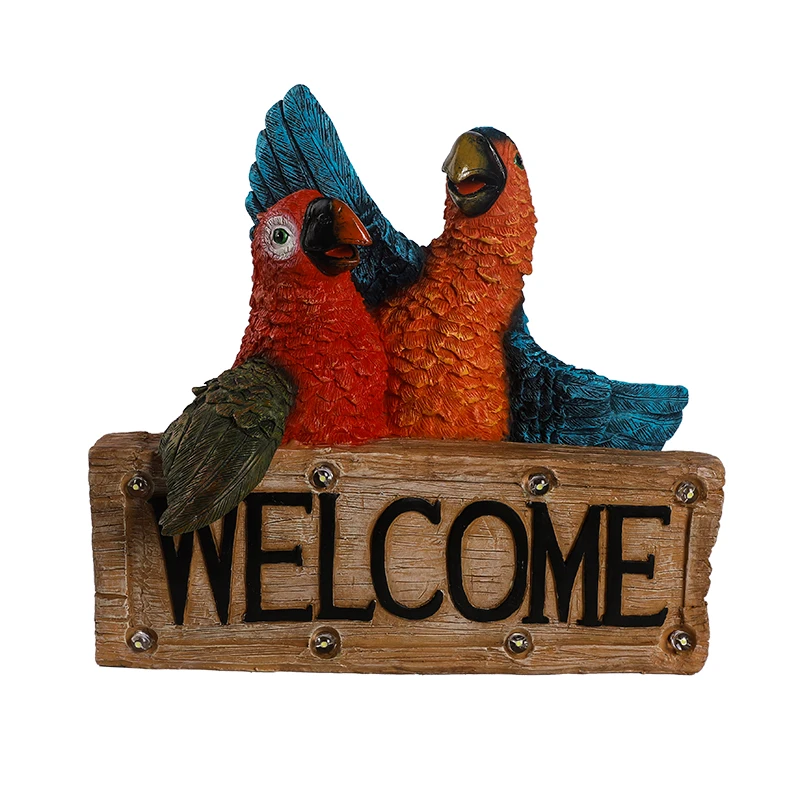 
Polyresin Solar welcome sign parrots statue resin animals figuren Succulents with solar light 