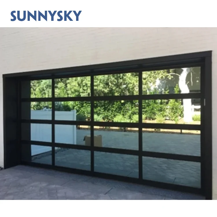 Sunnysky Aluminum Alloy Frosted Glass Modern New Black Combined Automatic Garage Door For Villa Modern Garage Door
