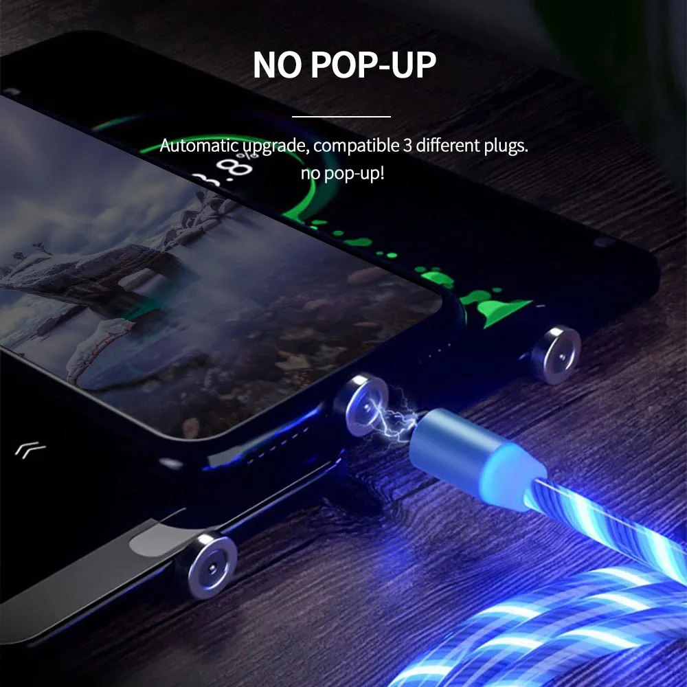OEM Custom Logo 3 in 1 Led Light Flowing Luminous Charging Cable to Android USB Rotatable Metal Magnetic With Quick Charger Cabl