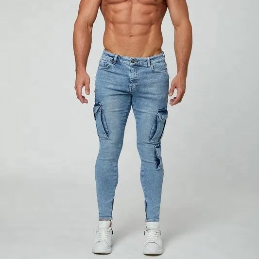 UK Fashion Trendy Acid Blue Skinny Utility Pocket Jeans Cargo Jeans Royal  Blue  Rags  Jeans for Men Jogger Narrow Leg Zip Hem