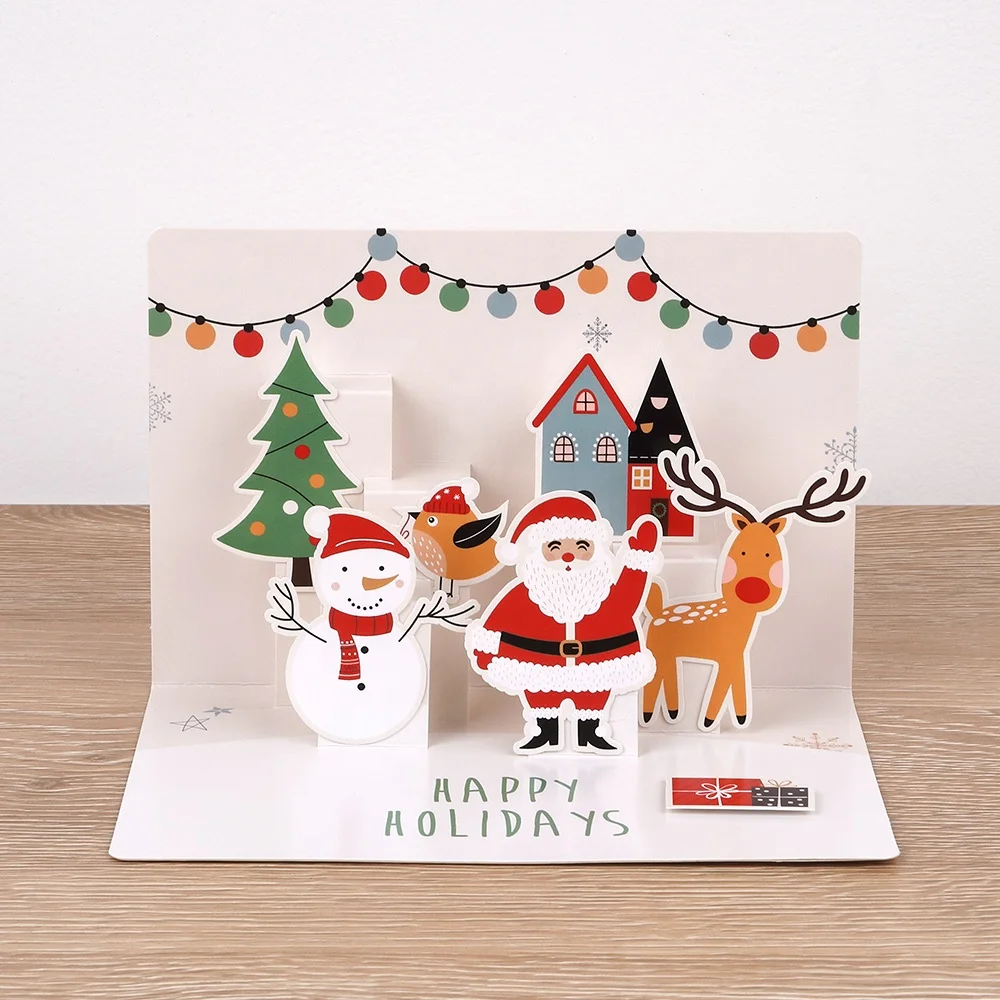 Santa Claus Pop-up Card Wholesale Custom Print Recycled Paper Luxury Handmade 3D Pop Up Holiday Merry Christmas Greeting Cards
