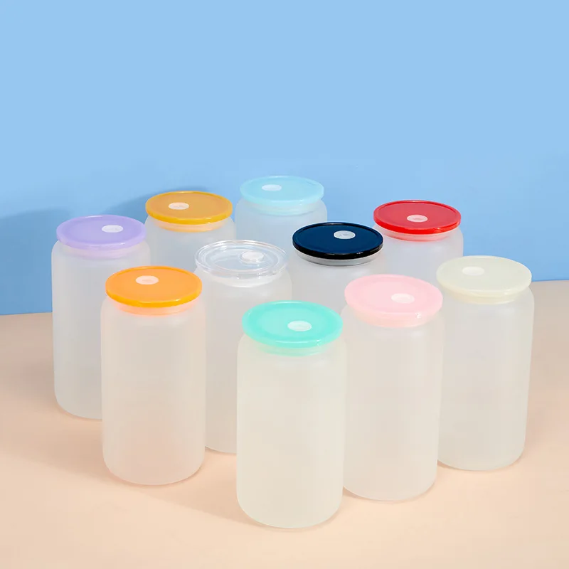USA warehouse sublimation glass can 16oz DIY blank sublimation with PP colorful lids Crystal Clear frosted suitable for vinyl