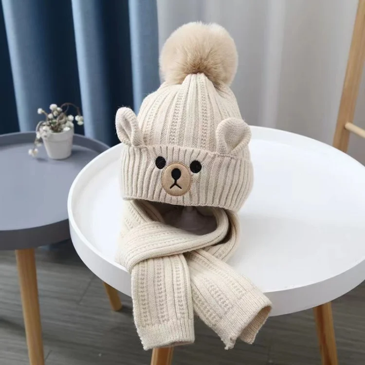 High Quality Warm Beanie Kids Winter Hat Scarf Sets Custom Little Bear Ladies Designer Hat And Scarf Brand Sets Cap For Kids