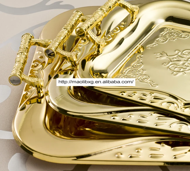 High Quality Golden Retro Square Metal Fruit Tray Set S M L Serving Trays Hotel Luxury Food Snack Plates Storage Tray