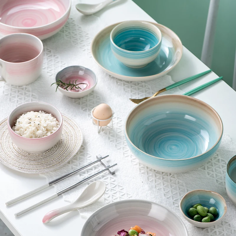 Elegant Blue&Pink Underglaze Porcelain Reactive Glaze Stoneware with Dessert Plate Cup&mup Bowl Tableware Ceramic Dinnerware Set