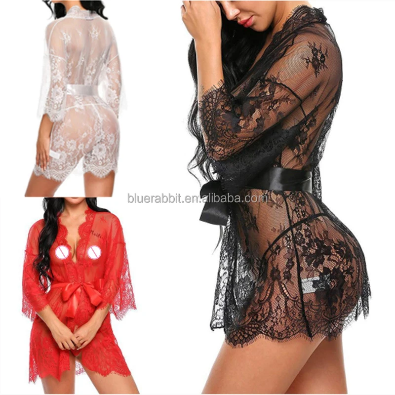 Women Sexy Nightwear Plus Size Robes S-3XL Lace Nightgown Sleepwear Temptation Dress G-String Sexy Lingeries See-through Robes