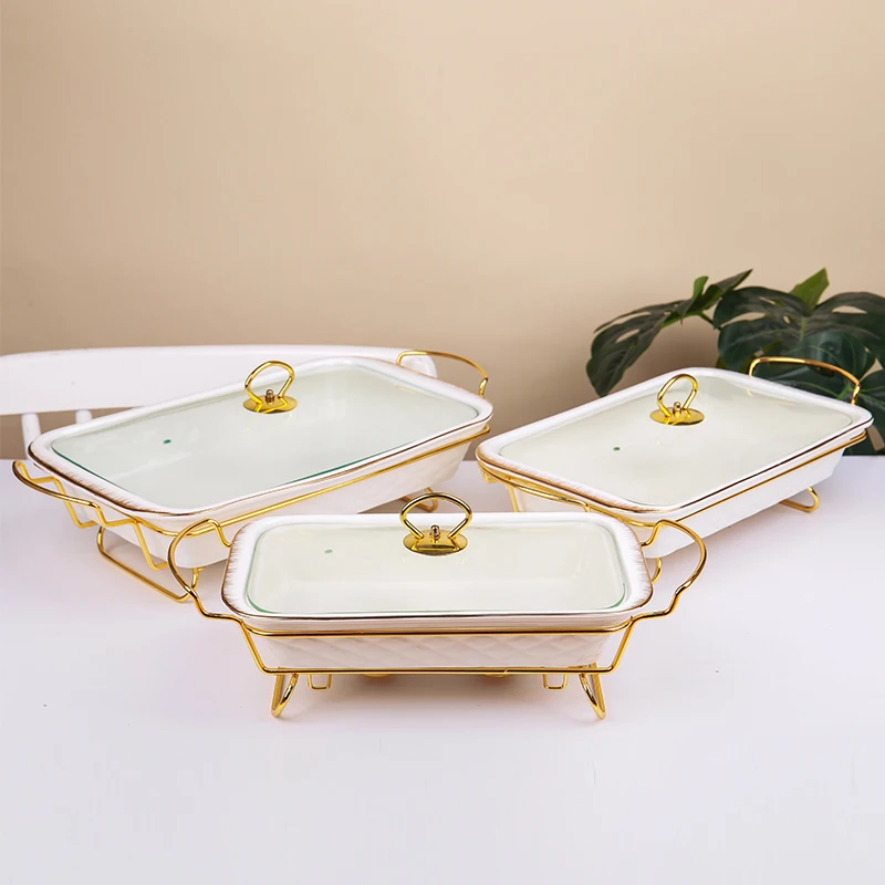 CANHUI China Manufactory Buffet Restaurant Hot Pot Golden Ceramic Food Warmer Container With Glass Lid