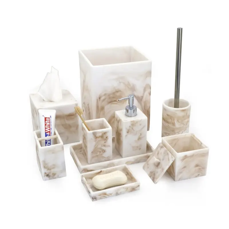 Highly Luxury 9 Pieces Marble Effect Resin Washroom Bathroom Decor sets
