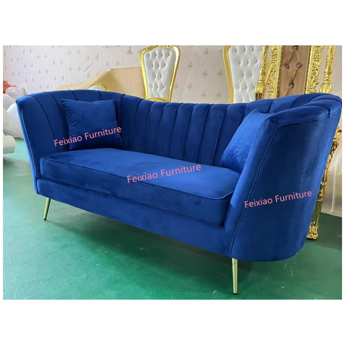 Modern Hotel Party Wedding Events Furniture Blue Velvet Cushion Stainless Steel 3 Seater Dining Sofa