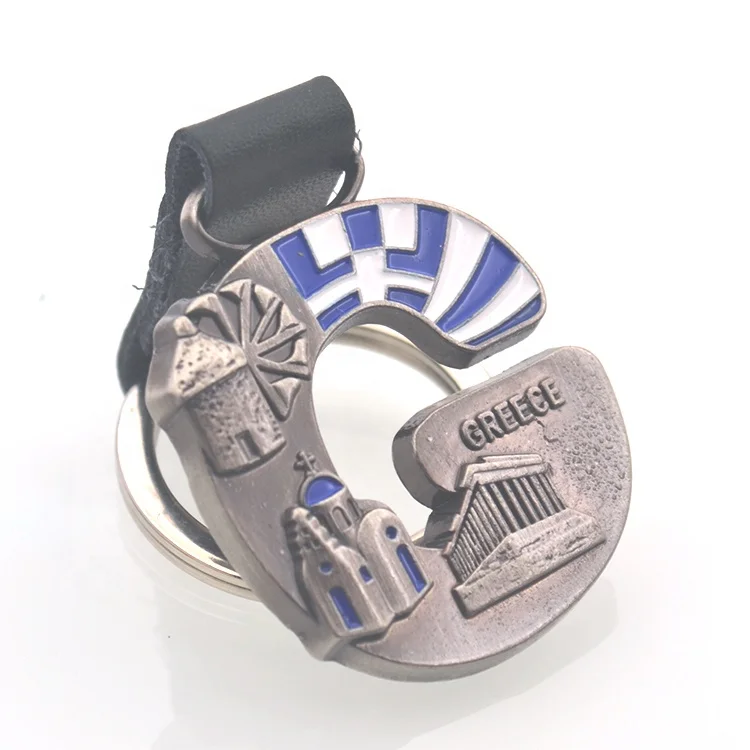 Antique Plating Metal and Leather Greece Flag Souvenirs  gift Keychain