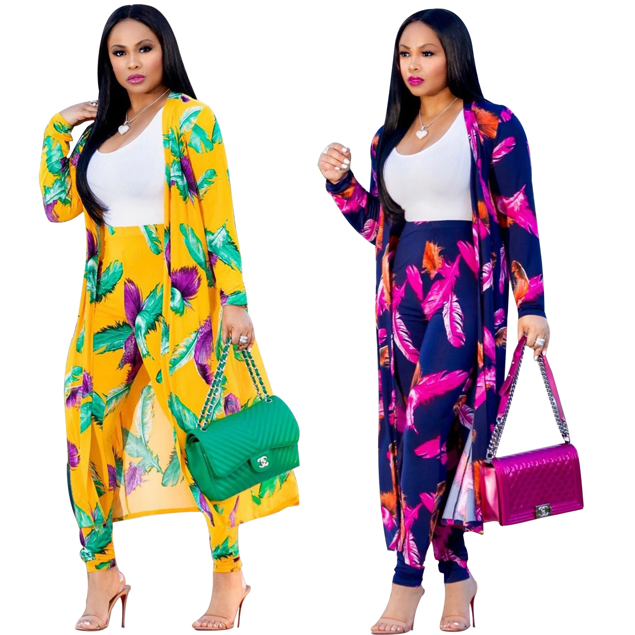 FM-K8576 Spring Two piece set long Sleeves Printed Casual dresses and trousers outfits women clothing