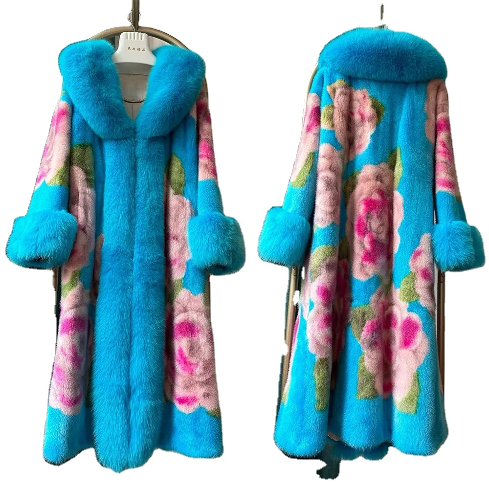 2023 women fashionable multicolor real mink fur long coat with luxury fox fur collar and sleeves cuffs
