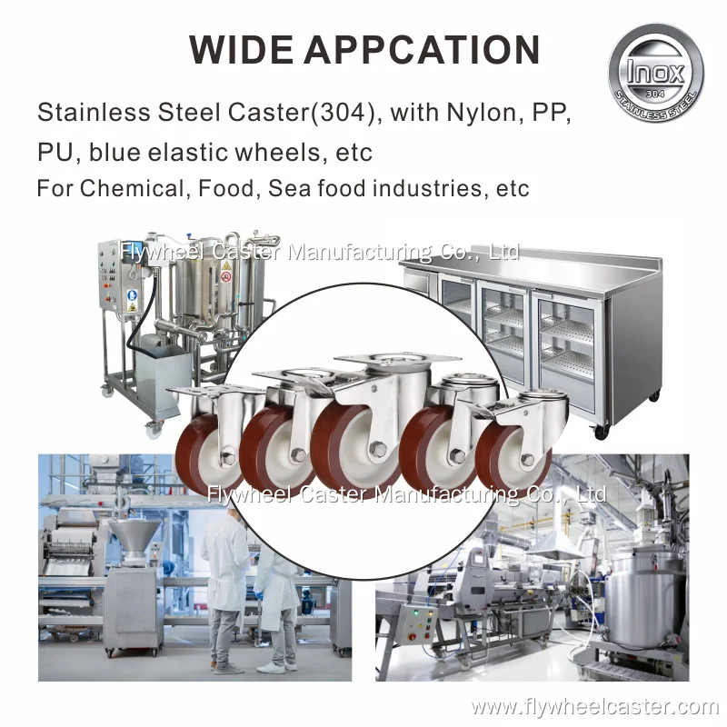 Total brake stainless steel industrial castor plate swivel caster wheel 3 / 4 / 5 inch Nylon core PU solid trolley wheel