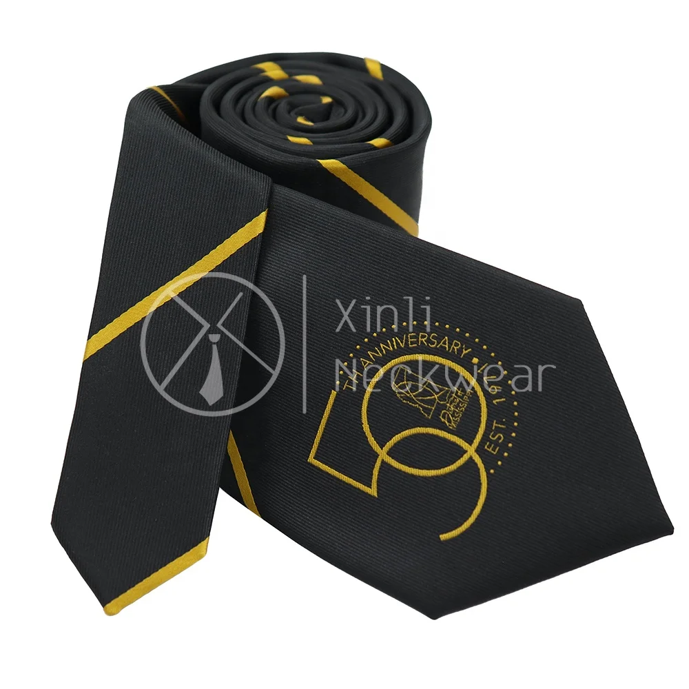 Supplier Men Black Polyester Woven Embroidery Striped Ties 50th Anniversary Logo Custom Embroidered Tie