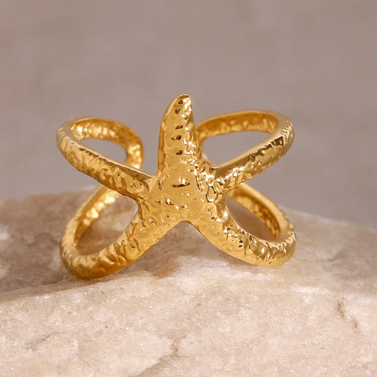 Waterproof Stainless Steel Star Ring 18K PVD Gold Plated  Finger Ring Texture Starfish Open Ring Gift For Girl