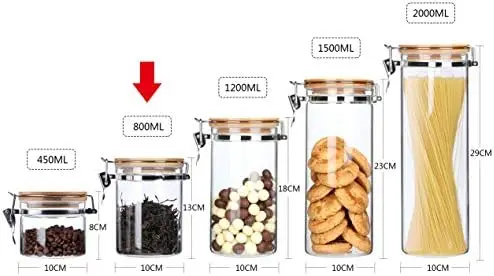 YOIOWE Home Luxury Kitchen Canisters Set 5-Piece Glass Food Storage Jars Bamboo Lids Metal Clasp Seal Steel Spice Parties